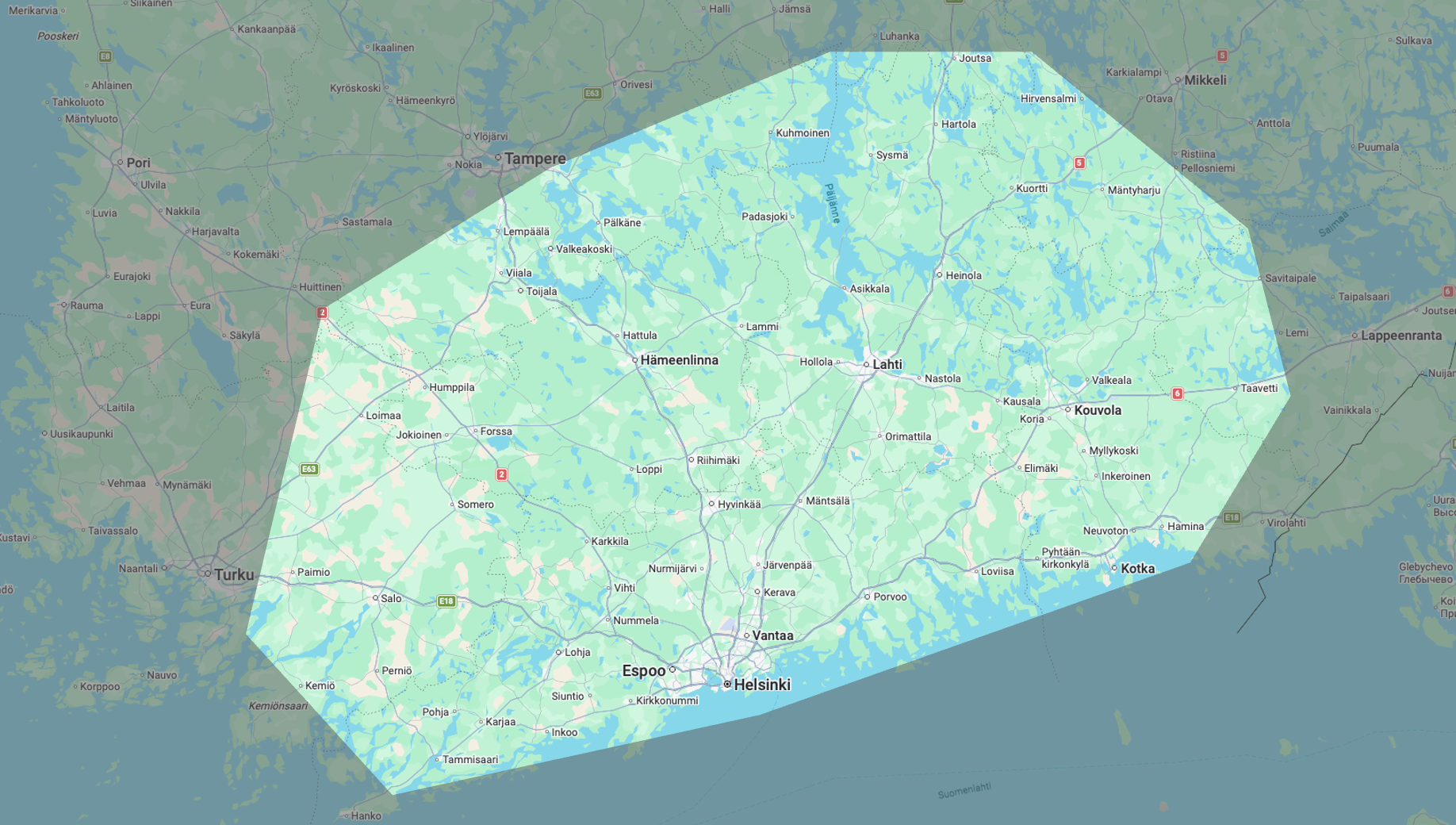 Kartta alueesta, jolta kesämökkiä etsitään