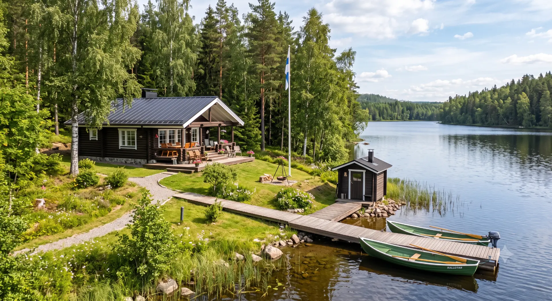 Tunnelmallinen suomalainen kesämökki järven rannalla kesäpäivänä